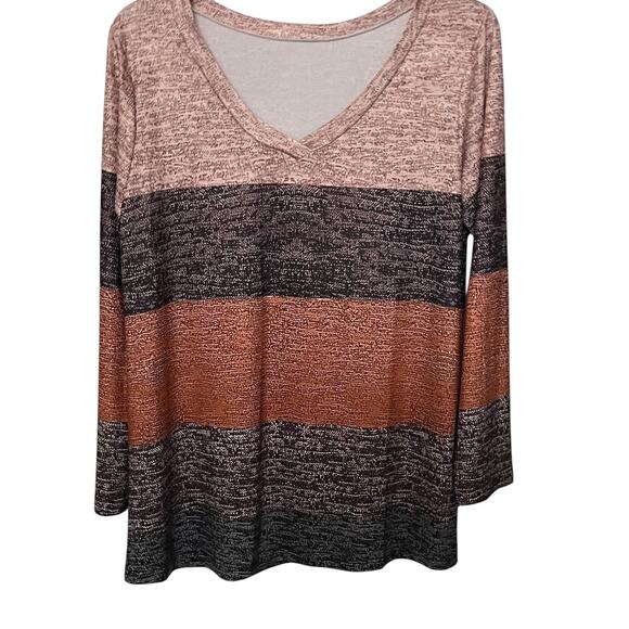 NO MFG. TAG LONG SLV PULL-OVER V-NECK BLOUSE, WOMENS, 1XL, ORANGE BLK PINK BROWN - Picture 1 of 10